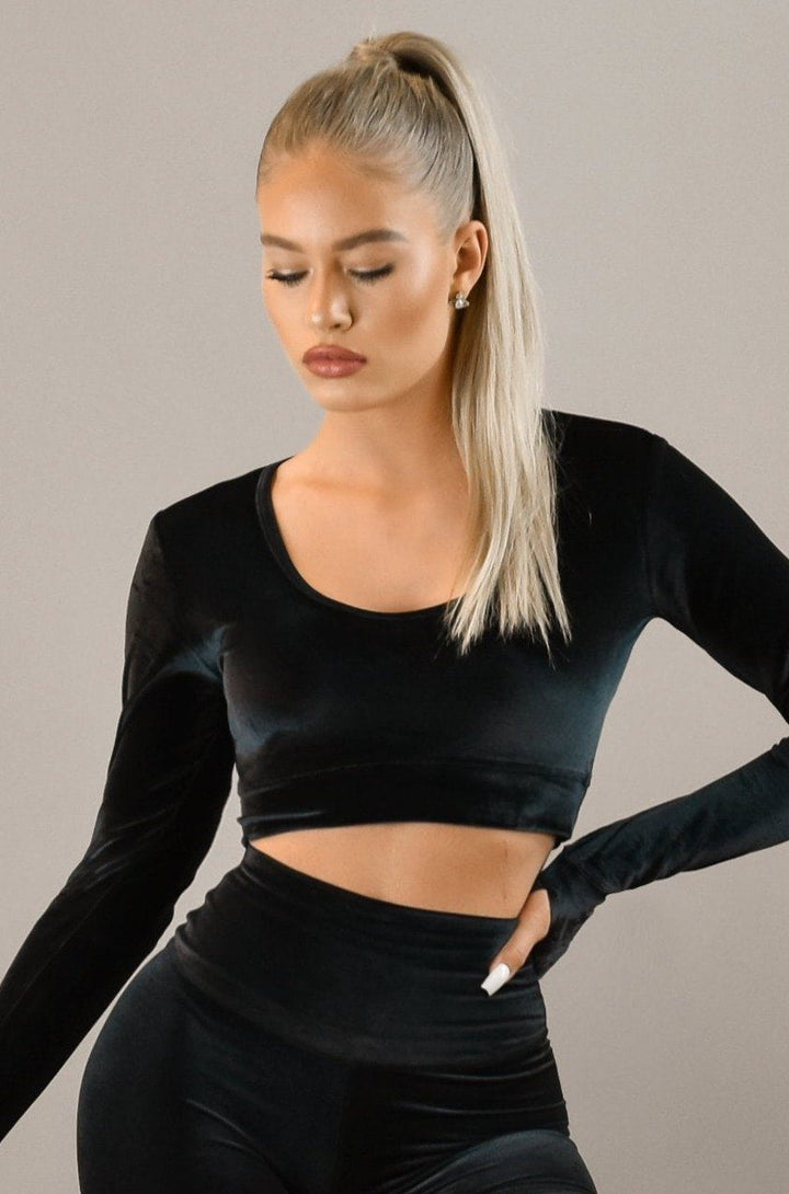 Performance Velvet L/S LA CROP TOP - Licorice